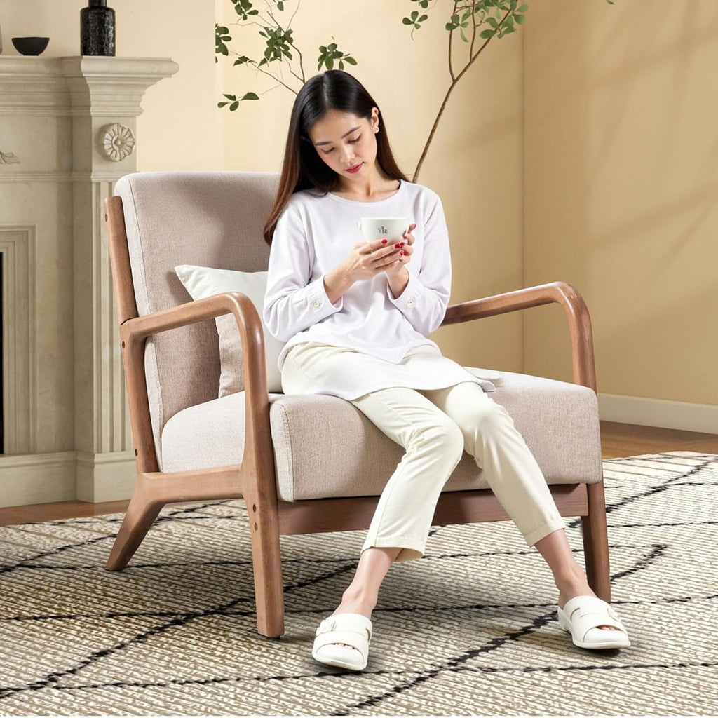 Sillón decorativo EBELLO con cojín, sillón tapizado moderno de mediados de siglo para sala de estar, sillón orejero con estructura de madera y apoyabrazos, sillón de lectura con capacidad de carga de hasta 150 kg, beige