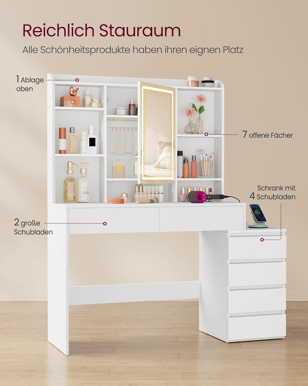Colección VASAGLE Kailyn - Tocador con iluminación LED, mesa de maquillaje con regleta, espejo, tocador con estantes ajustables, moderno, 40 x 124,7 x 145 cm, blanco nube RDT644WB01
