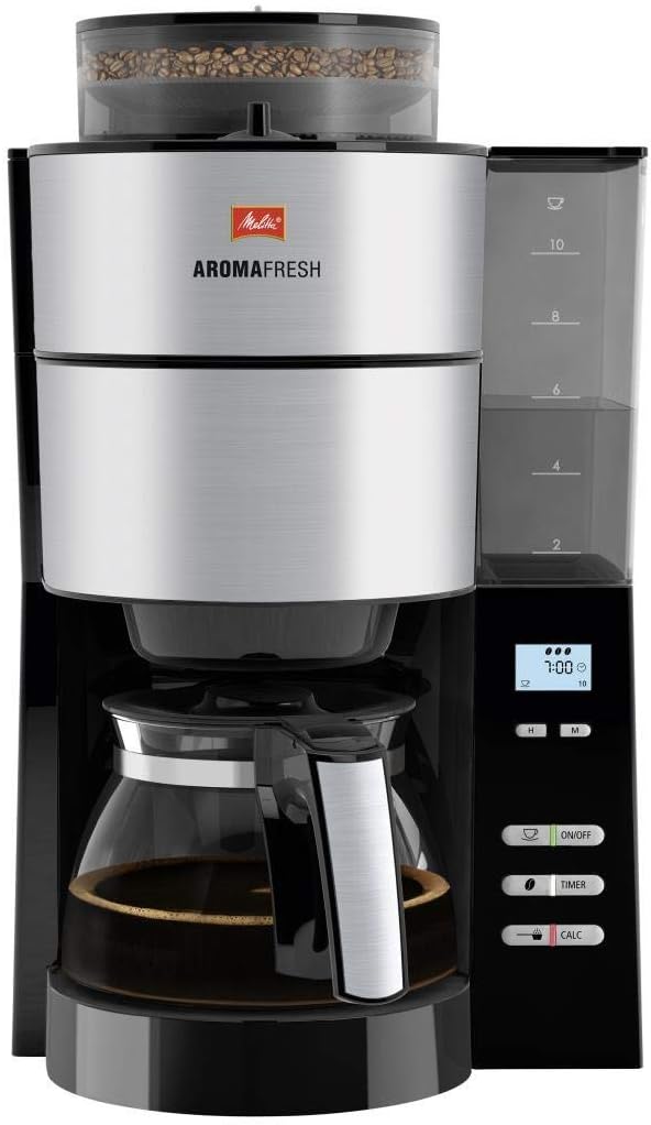 Melitta AromaFresh - Cafetera de filtro - con jarra de cristal - molinillo integrado - función de temporizador - 10 tazas - Negro puro