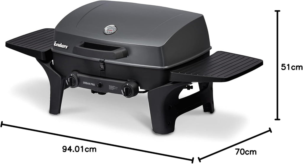 EndersGasgrill Urban II Pro, parrilla de mesa, función de asado, cocción y horneado, 2 quemadores de acero inoxidable, con termómetro para parrilla, parrilla para balcón y camping, carcasa de aluminio fundido, rejilla de hierro fundido, #2062