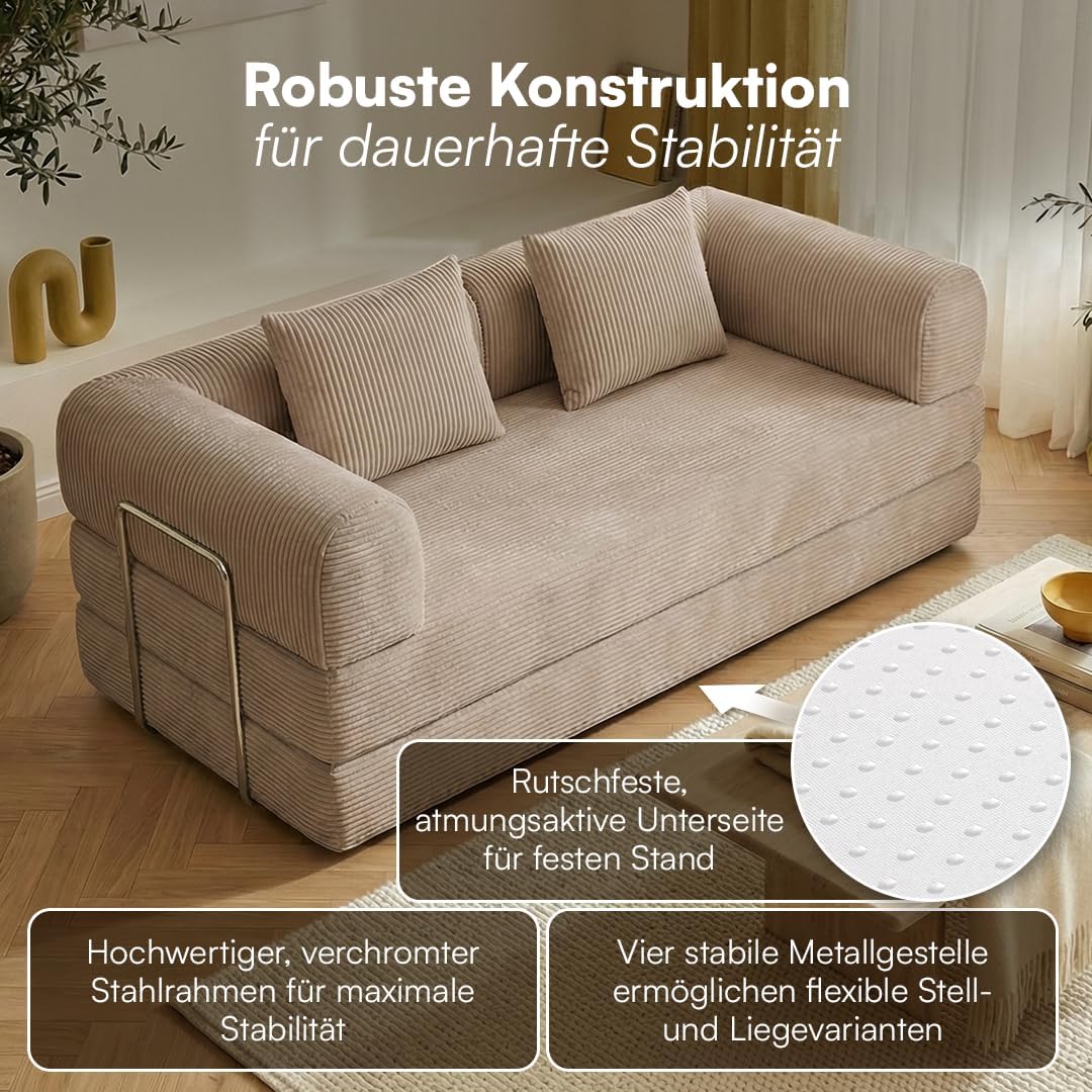 skølm Lofn Schlafsofa aus Cord – 2 Sitzer Couch ausklappbar zum Bodensofa – Vollschaumcouch in Taupe 200 cm breit – Klappsofa inkl. 2 Kissen & Stahlgestell – Cordsofa Wohnzimmer – Cloud Couch boneless | ohne Aufbau