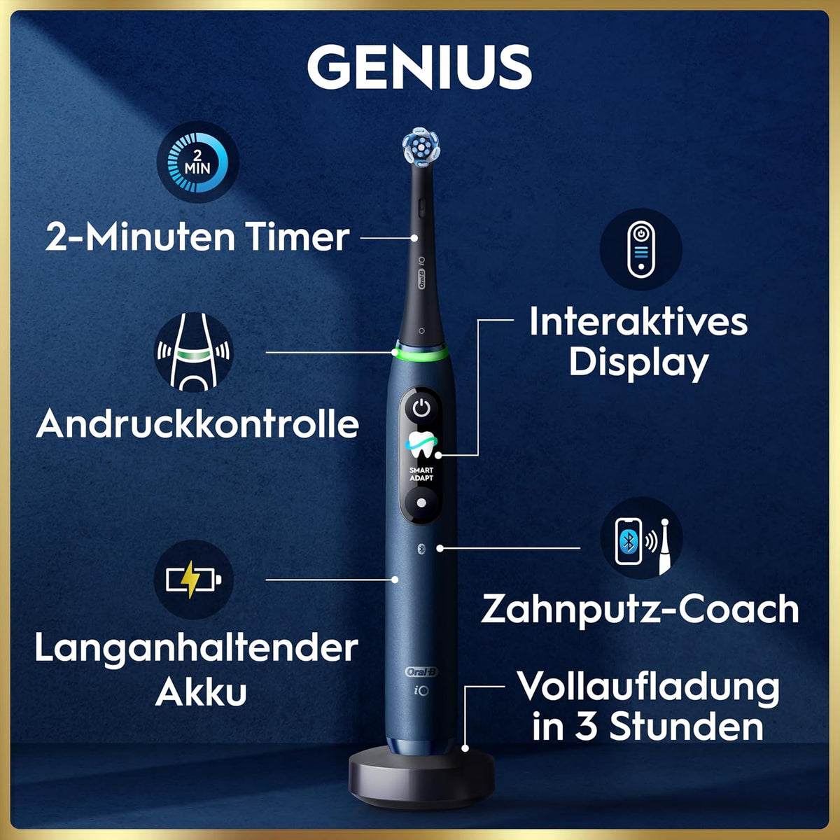 Cepillo de dientes eléctrico Oral-B iO Series 9, incluye 1 cabezal, 7 modos de cuidado bucal, ganador del test CHIP (11/25), diseñado por Braun, azul oscuro