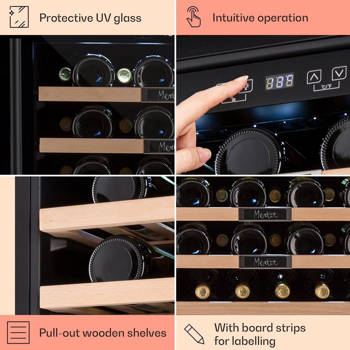 Klarstein Chłodziarka do wina do zabudowy, Mała wąska lodówka na napoje, 1 strefa, chłodziarka ze szklanymi drzwiami, Beersafe Indoor/Outdoor, Mała lodówka z ochroną UV, 5-20°C, 36 butelek