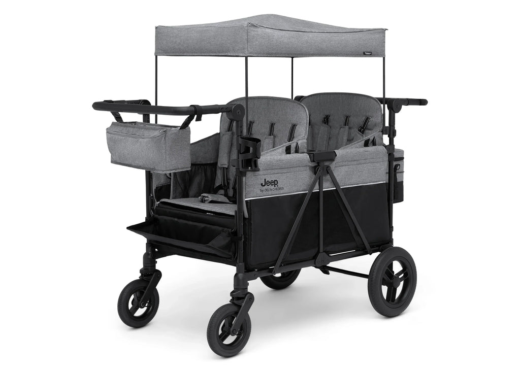 Jeep Wrangler Deluxe Stroller Wagon for 4 Kids – Removable Canopy, Cooler Bag, Modular Seats, XXL Storage, All-Terrain Tires, Adjustable Handlebars