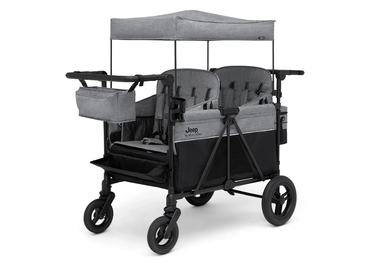 Jeep Wrangler Deluxe Stroller Wagon for 4 Kids – Removable Canopy, Cooler Bag, Modular Seats, XXL Storage, All-Terrain Tires, Adjustable Handlebars