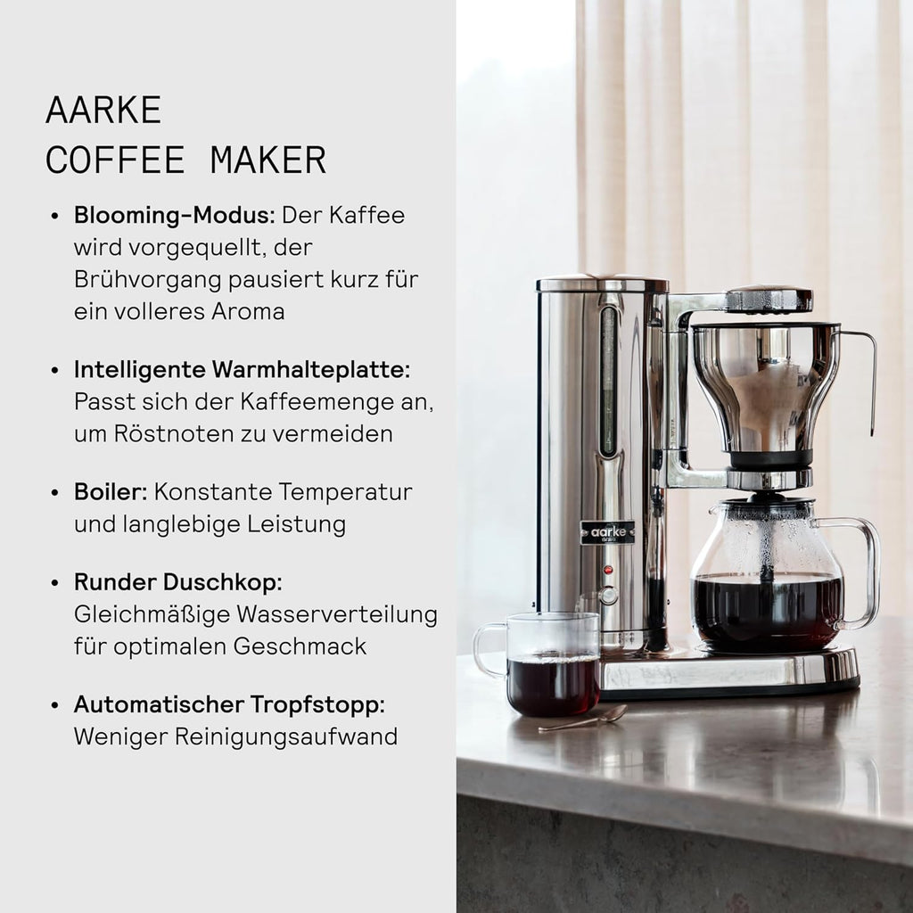 Aarke Cafetera de goteo – Cafetera eléctrica, jarra de cristal, función de mantenimiento de calor, capacidad de 10 tazas, 250 ml - 1,25 l, diseño moderno, cafetera para café de filtro, con certificación ECBC.
