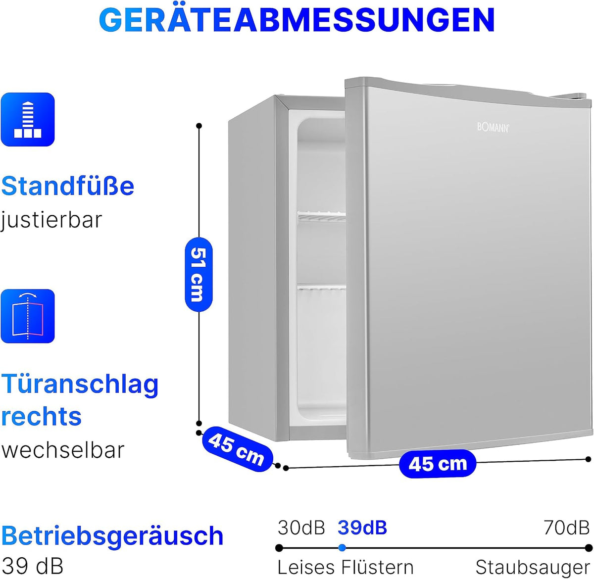 Minibar Bomann® 42 litros | Mini refrigerador para bebidas, ideal para oficina, camping y gaming | nevera pequeña silenciosa 39 dB | Minibar con puerta reversible | 51x45x45 cm | KB 7346 inox