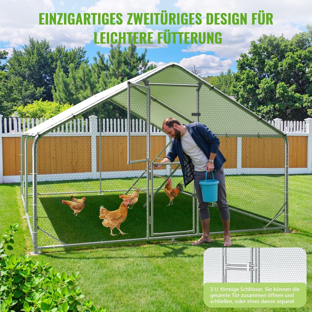 Gallinero de metal con recinto exterior y techo CC3X4X2, 3x4x2 m, resistente a la intemperie, para 10 a 20 gallinas, incluye escalera de descanso y accesorios