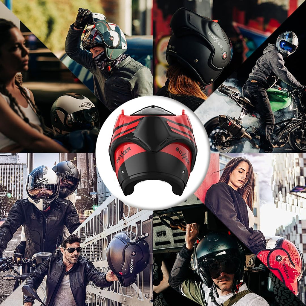 Casco ROOF Boxxer con doble homologación Jet/Integral - Color Sting Negro Rojo - Casco de gama alta en fibra de vidrio - Apertura secuencial con una mano - Oferta directa de fábrica - Garantía de 4 años