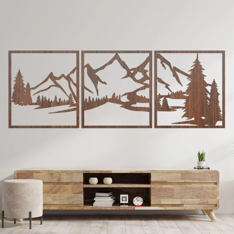 Arte de pared de montañas en madera, HDF 3 mm, decoración de pared rústica para sala de estar, dormitorio, oficina