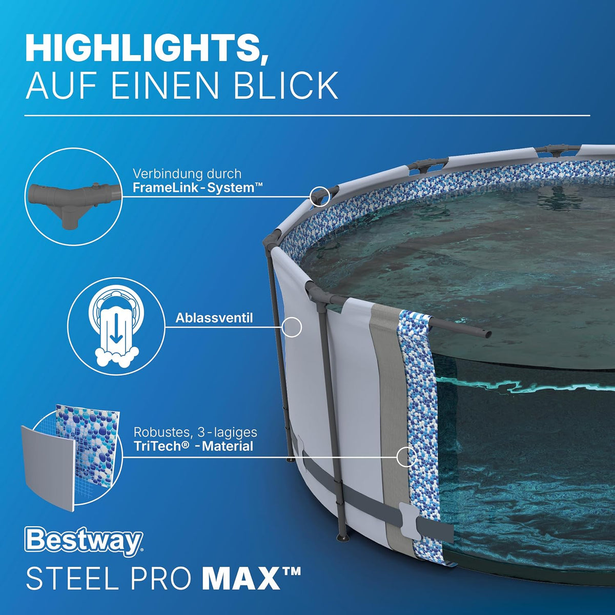 Set de piscina elevada  Bestway® Steel Pro MAX™ con bomba de filtrado, Ø 366 x 122 cm, gris claro, redonda