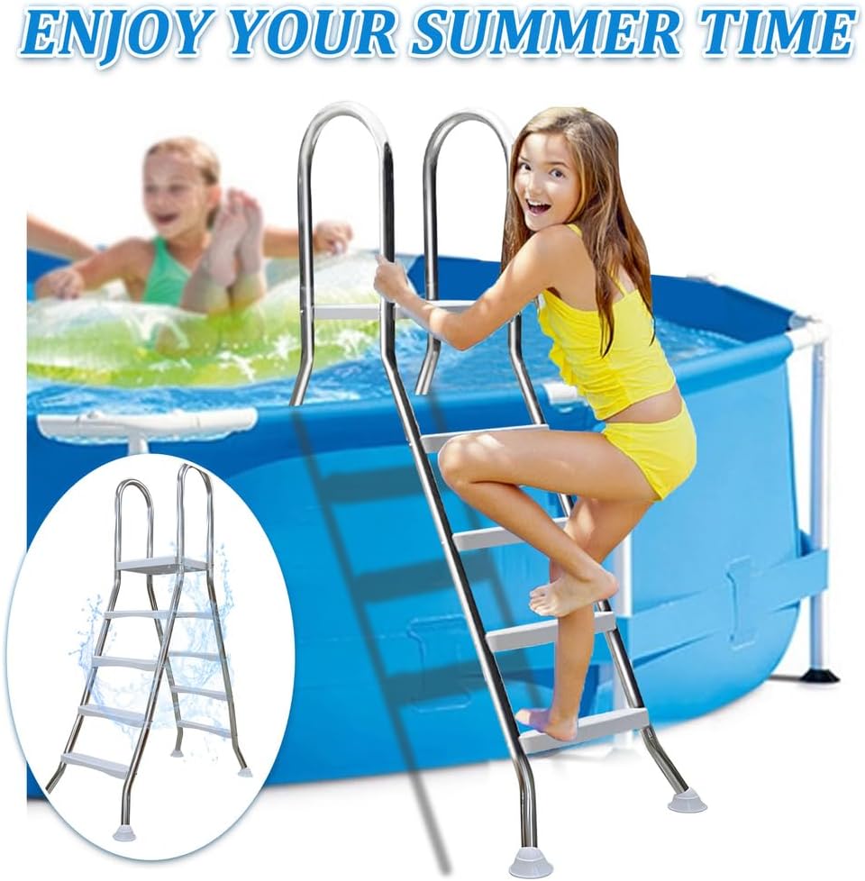 Escalera de piscina de acero inoxidable de 4 peldaños, escalera para piscina elevada, escalera de 132 cm de altura, peldaños de piscina para piscinas elevadas, escalera de piscina con capacidad de carga de 250 kg