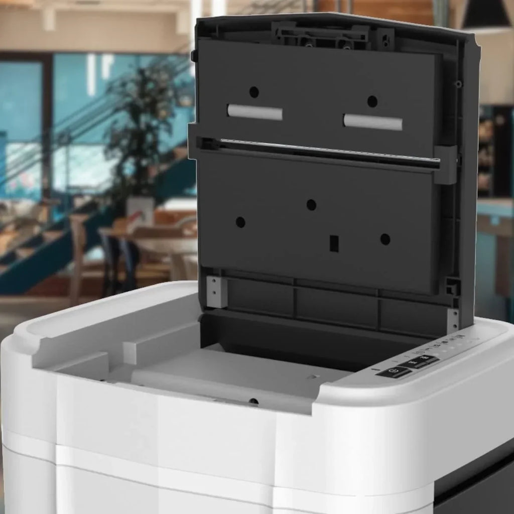 Destructora de documentos con alimentación automática de 120 hojas, corte en partículas P4, funcionamiento continuo de 60 minutos, depósito de 25 L y sistema anti-atasco