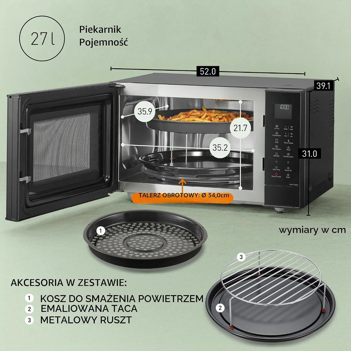 Panasonic NN-CT56RBEPG 27 l kuchenka mikrofalowa kombi 4 w 1 z Airfryer, inwerter 1000 W, 19 automatycznych programów, grill konwekcyjny, oszczędność miejsca, smukła konstrukcja, czarna