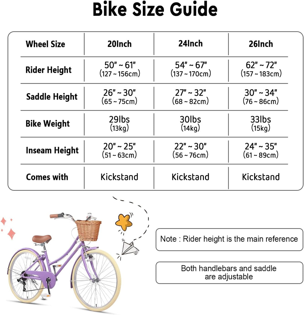 Glerc Missy 20, 24, 26 pulgadas bicicleta híbrida urbana tipo crucero para niñas, de 6 velocidades, con cesta de mimbre, para jóvenes mayores de 6 años, varios colores