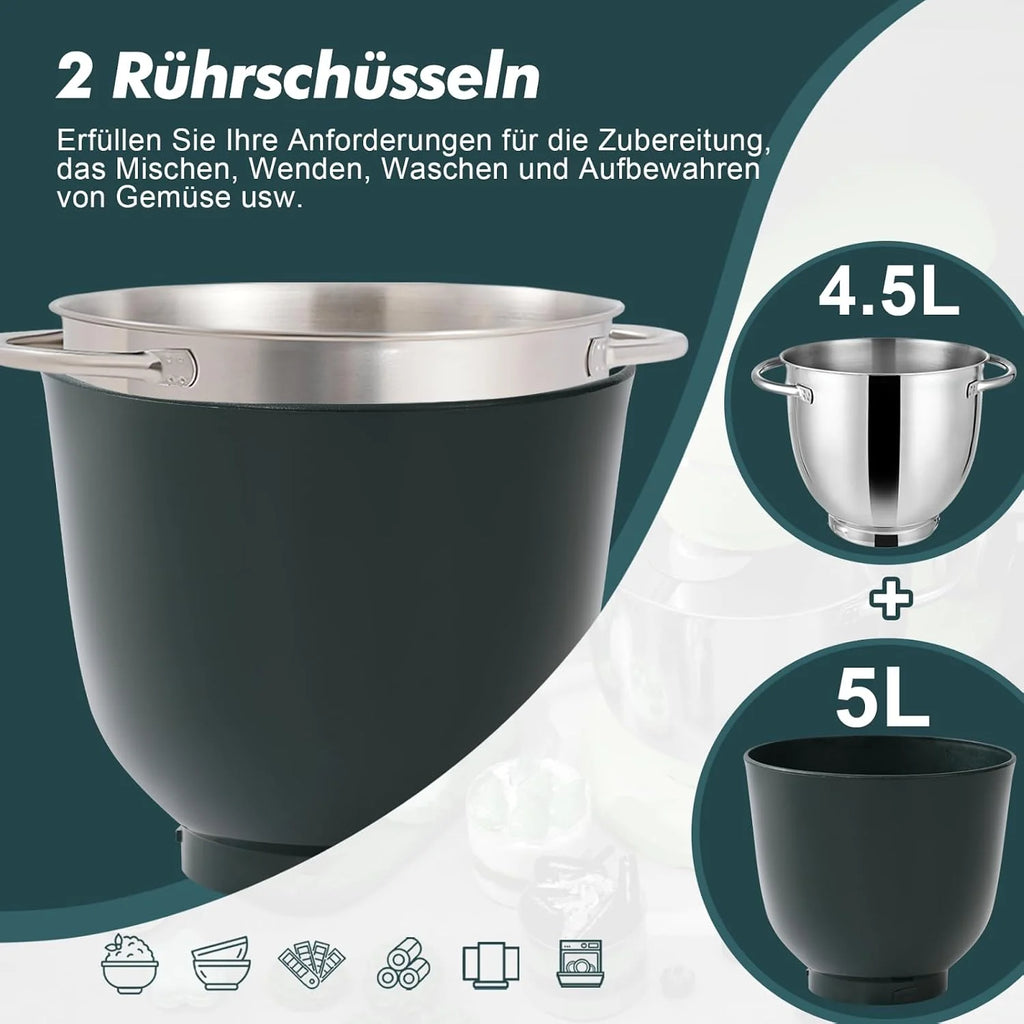 Kitchen in the Box Robot kuchenny, maszyna do ugniatania ciasta 4,5 l i 5 l, prędkość 10+P, z hakiem do zagniatania, mieszadłem i trzepaczką, 1300 W, ciemnozielony