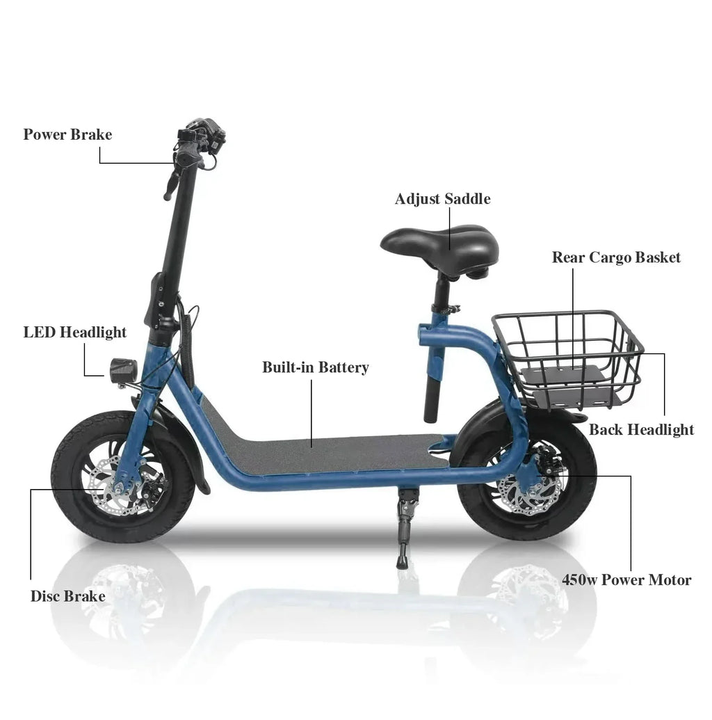 Patinete eléctrico plegable para adultos con asiento, motor sin escobillas de 450 W, neumáticos todoterreno de 12 pulgadas, autonomía de 32 km, ligero y portátil.