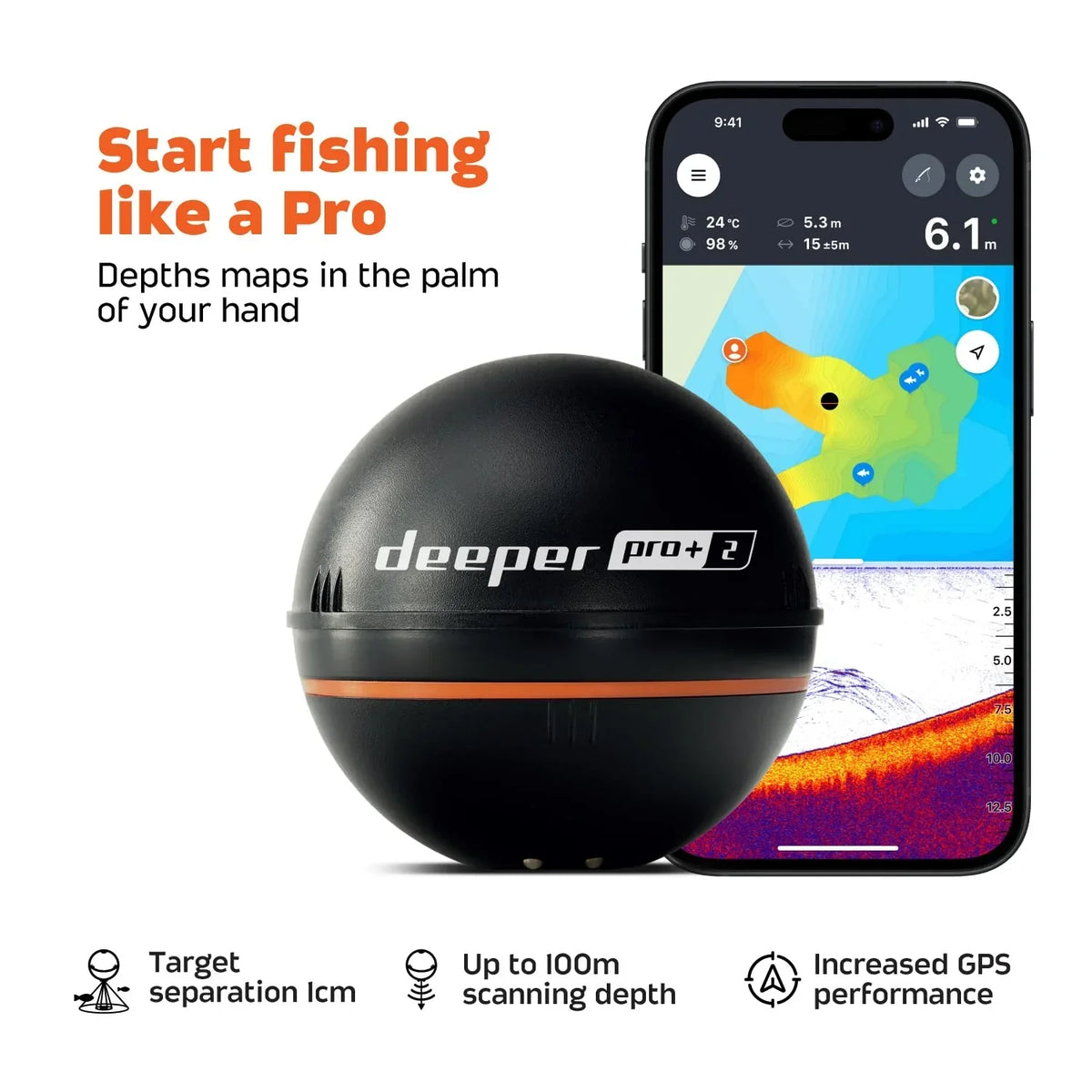 Deeper Smart Sonar Pro+ 2 buscador de peces con ecosonda y profundímetro, transmisor GPS para kayak, embarcación o pesca en hielo, incl. aplicación