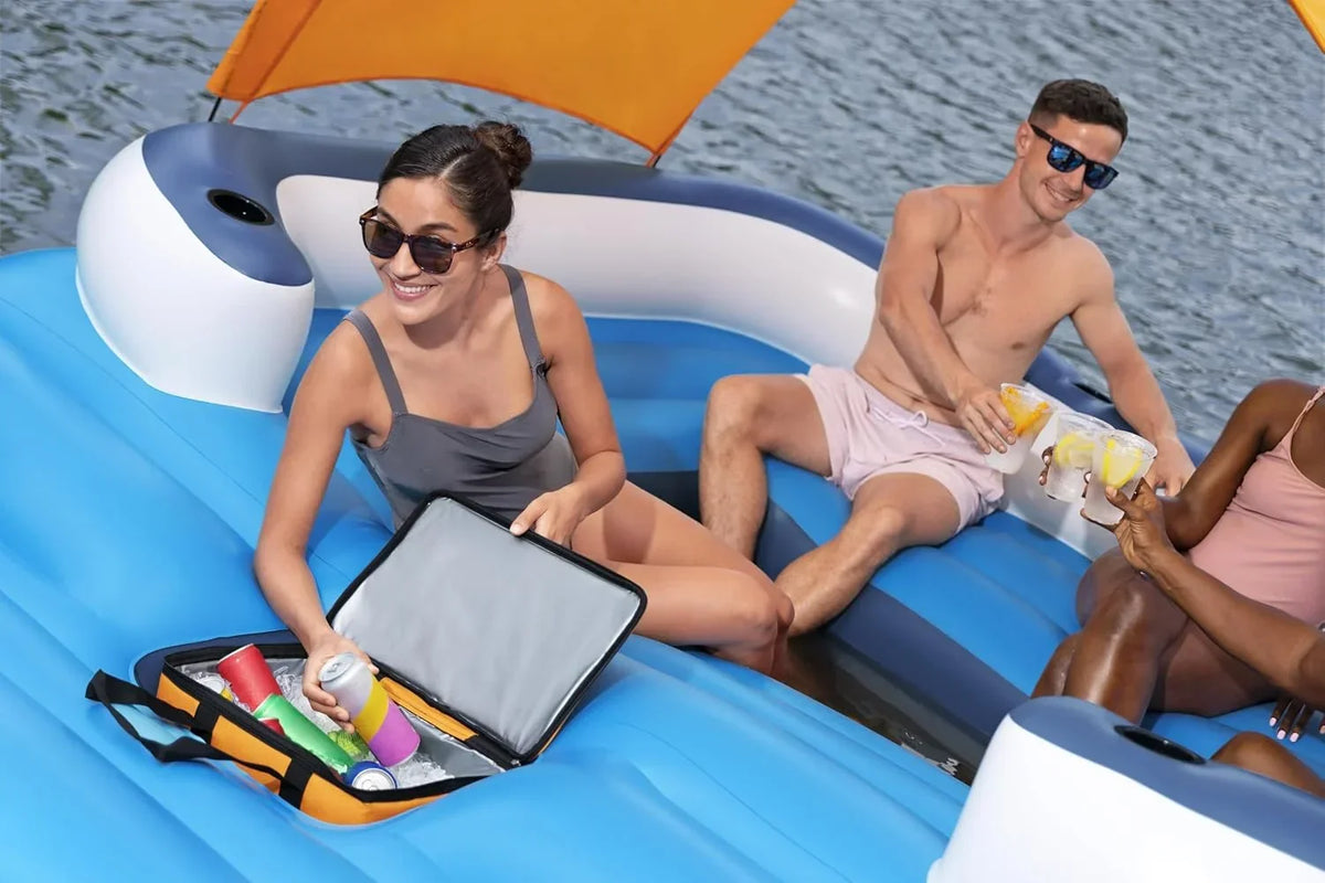 Isla flotante Tropical Breeze 43105 para 6 personas de 389 x 274 cm con toldo, bolsa térmica, 6 posavasos y parche de reparación