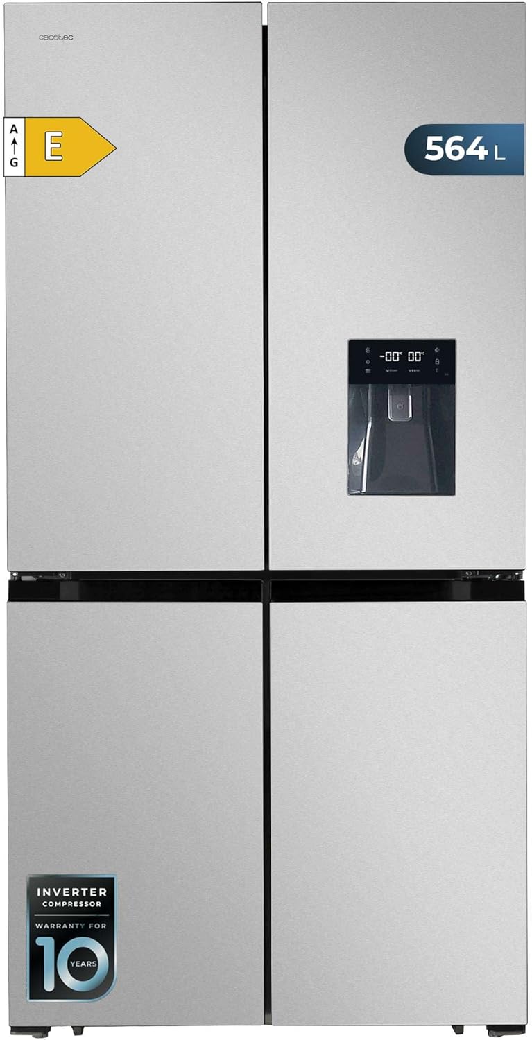 Frigorífico americano Cecotec 4 puertas acero inoxidable 564 L Bolero CoolMarket 4D 564 Inox E. 183 cm de alto, 91 cm de ancho, dispensador de agua, bajo consumo, motor Inverter Plus, Total NoFrost