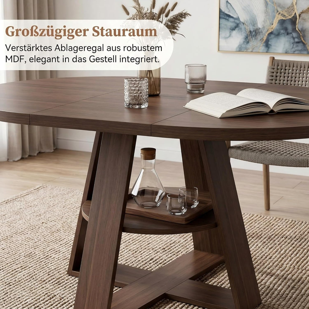 Mesa de comedor redonda extensible, mesa de comedor extensible blanca 100-140x100x75 cm, mesa extensible de comedor para 2-8 personas, mesa de cocina con tablero extraíble, estructura de madera con estante, nogal