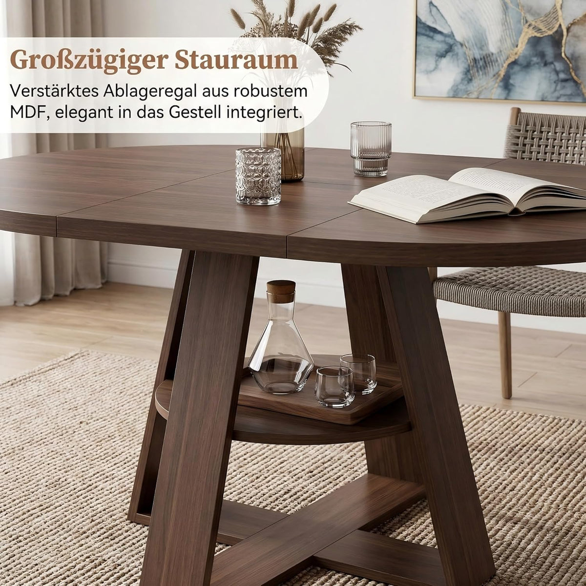 Mesa de comedor redonda extensible, mesa de comedor extensible blanca 100-140x100x75 cm, mesa extensible de comedor para 2-8 personas, mesa de cocina con tablero extraíble, estructura de madera con estante, nogal