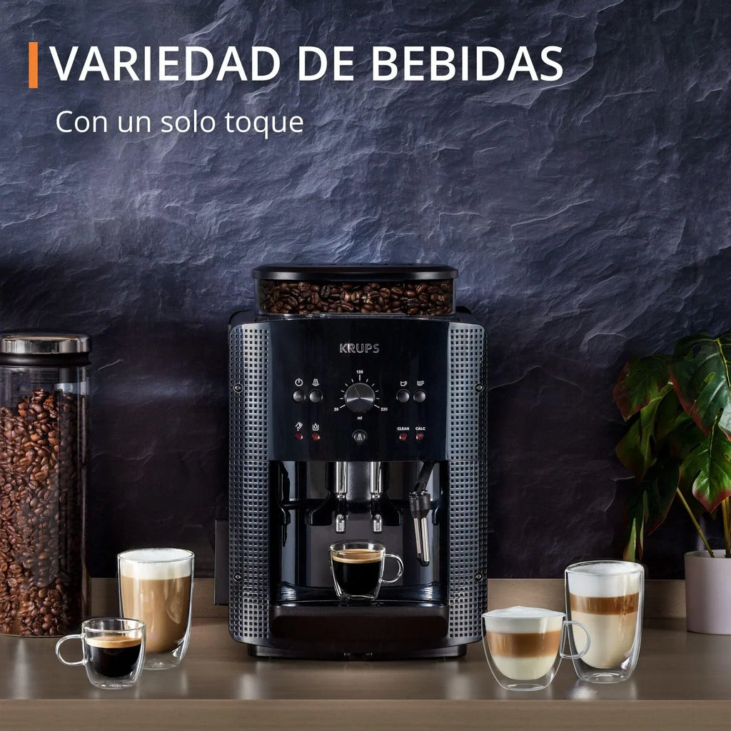 2025 Krups Essential - Cafetera superautomática, 15 bares de presión, molinillo cónico de metal, con selección de cantidad e intensidad de café, 1,7 l, 1 taza, acero, pantalla LCD + accesorios para leche