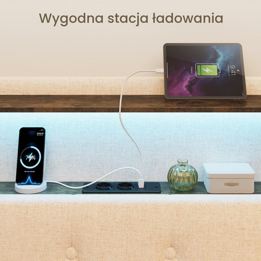 Xbro Łóżko tapicerowane 160 x 200 cm z oświetleniem LED i stacją ładującą (USB/gniazdko), pływający wygląd, tapicerowany zagłówek ze schowkiem, stelaż listewkowy, beżowe (bez materaca)