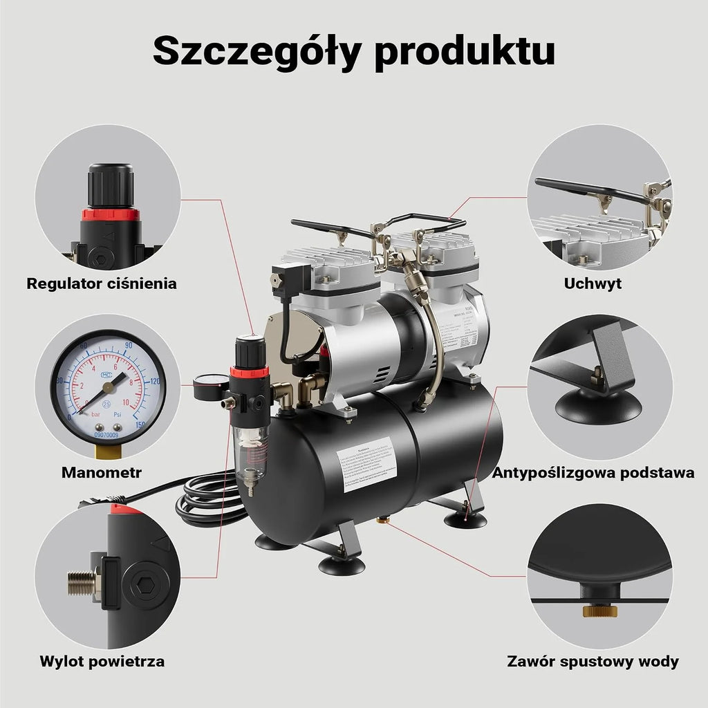 Kompresor AS196 do aerografu ze zbiornikiem powietrznym 2-cylindrowy 6 tłoki automatyczne wyłączanie