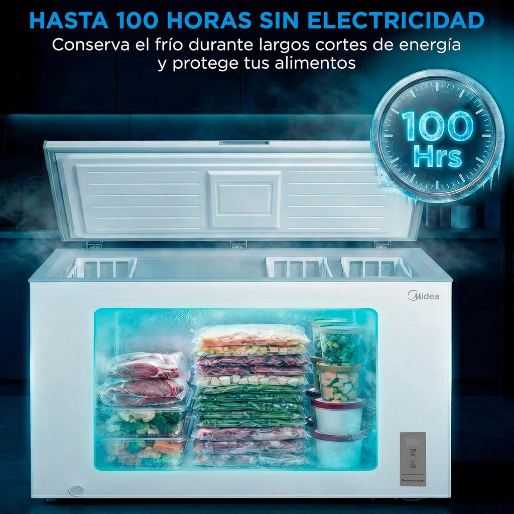 Congelador horizontal pequeño MIDEA de 418 L | Congelador arcón convertible a frigorífico con motor inverter, control electrónico de temperatura, cestas con asa | Arcón silencioso de 41 dB y bajo consumo