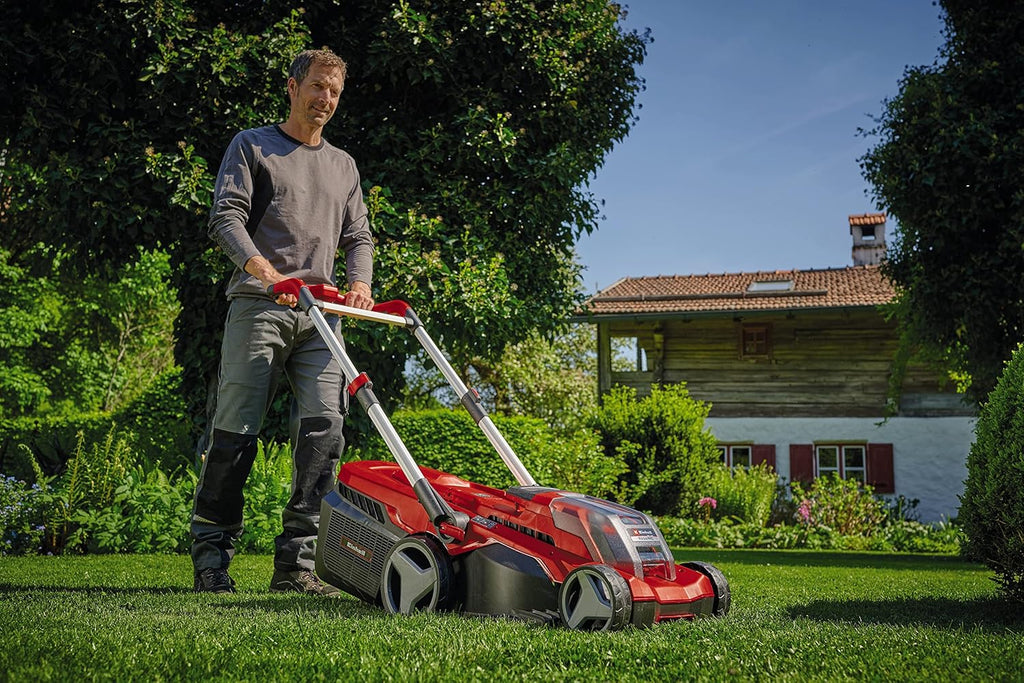 Cortacésped inalámbrico Einhell RASARRO 36/38 Kit Power X-Change (36 V, 38 cm de ancho de corte, 450 m², sin escobillas, función de mulching, bolsa colectora de 45 l, incl. 2 baterías de 4,0 Ah + cargador doble)