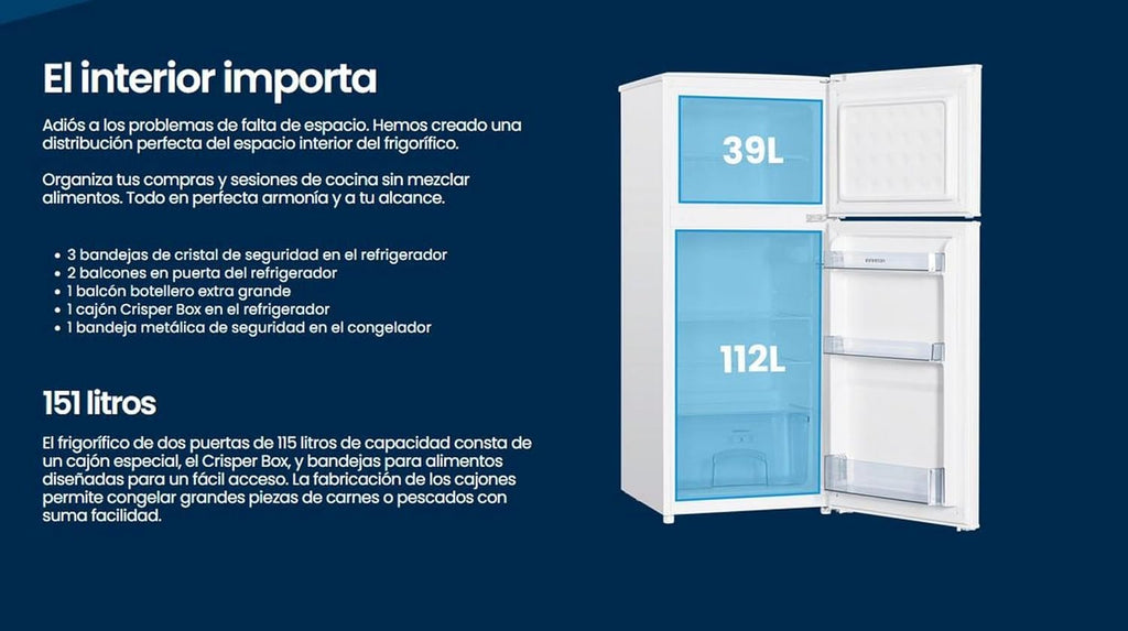 Frigorífico de dos puertas Infiniton FG-151D12BEV, 151 litros, 122 cm de altura, 50 cm de ancho, cíclico, luz LED interior, altura regulable, clase E, blanco