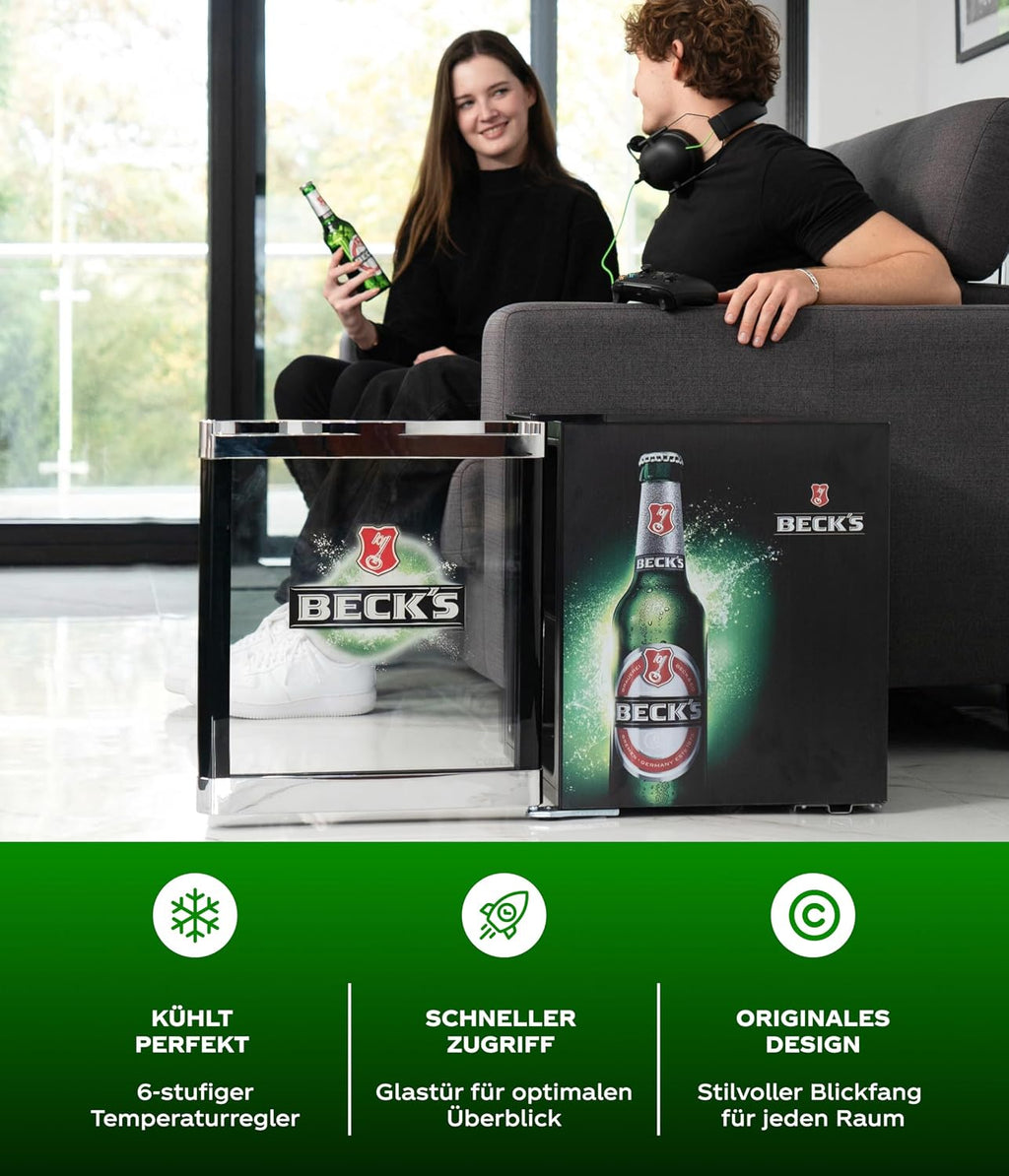 Mininevera para bebidas CUBES BECK’S de 48 l (negro/verde) – Refrigerador compacto para botellas con puerta de cristal y sentido de apertura reversible – Silencioso y eficiente energéticamente – Bar, cocina y gaming – Enfriador de bebidas