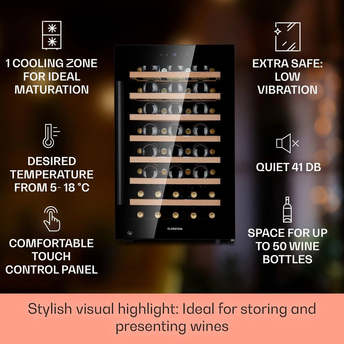 Klarstein Chłodziarka do wina wolnostojąca, Mała wąska lodówka na napoje, 1 strefa, chłodziarka ze szklanymi drzwiami, Beersafe Indoor/Outdoor, Mała lodówka z ochroną UV, 5-18°C, 52 butelki