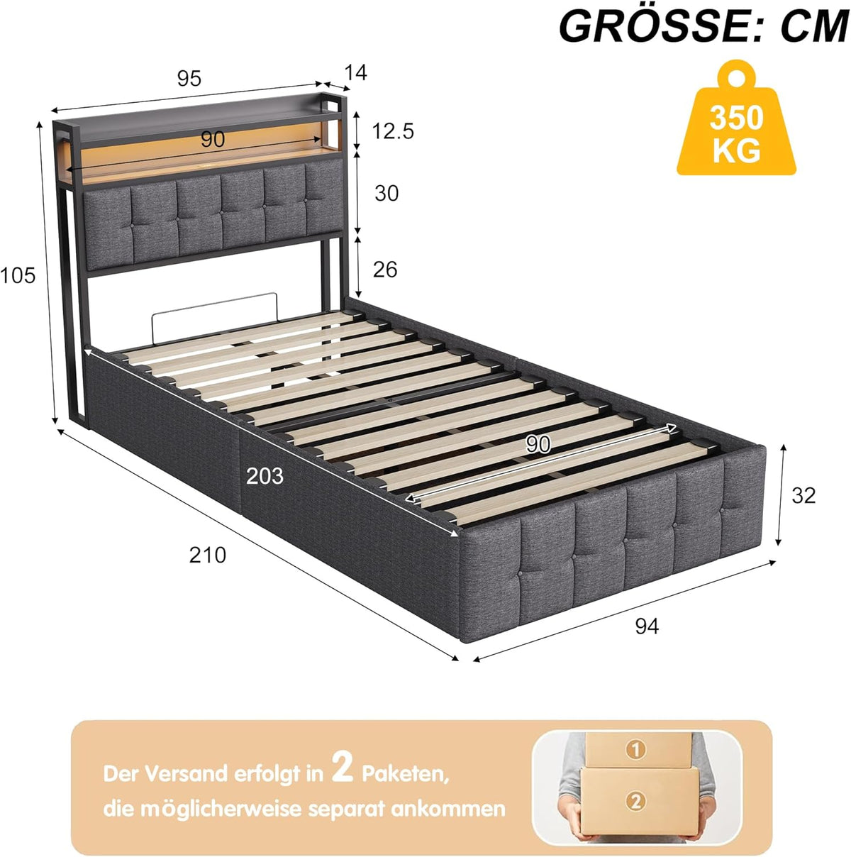 Marco de cama 90x200, cama boxspring con LED, cama individual con almacenamiento, cama tapizada hidráulica con almacenamiento, cama funcional, cama juvenil con USB, cama tapizada para 1 persona (gris + lino)