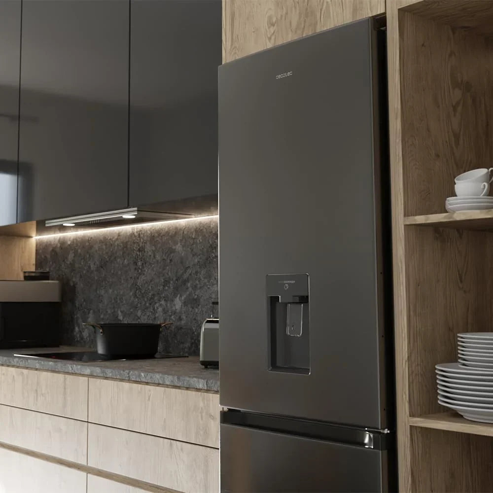 Frigorífico Combi Cecotec de 2 puertas con dispensador de agua Bolero CoolMarket Combi 296 DF WD Dark E. 296 L, 60 cm de ancho, funciones FastCooling, FastFreezing y DeFrost, luz LED interior, Dark Inox