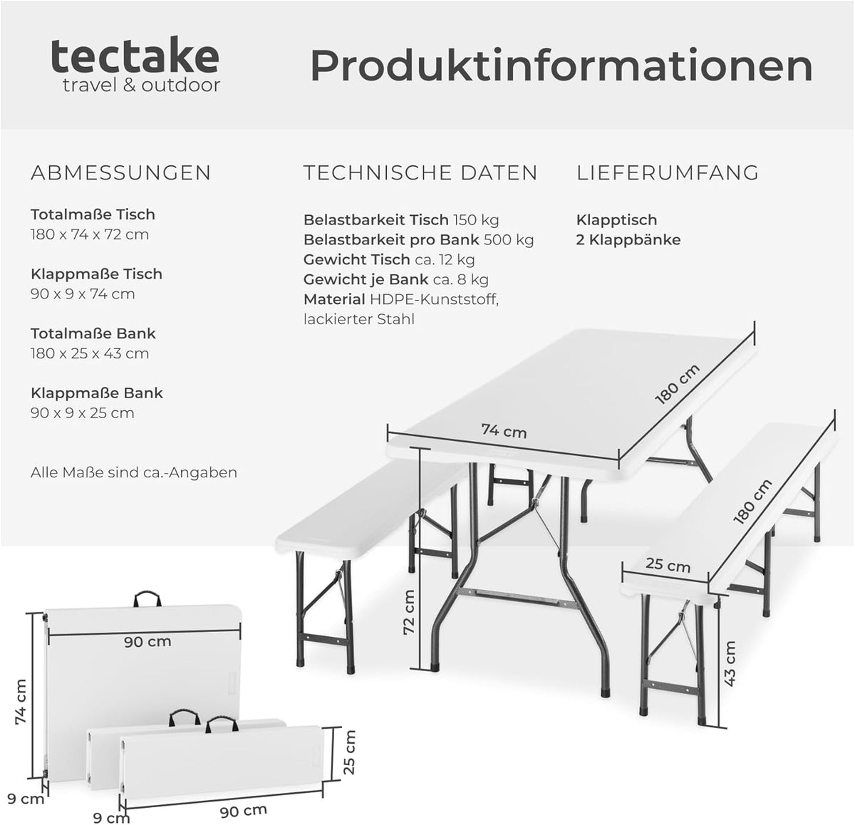 tectake® Juego de muebles de jardín de 3 piezas, mesa de camping plegable con 2 bancos de cerveza, muebles de balcón, conjunto de mesa para jardín o terraza, set de mesa y bancos cerveceros, con asas de transporte, 180 cm de largo (blanco)