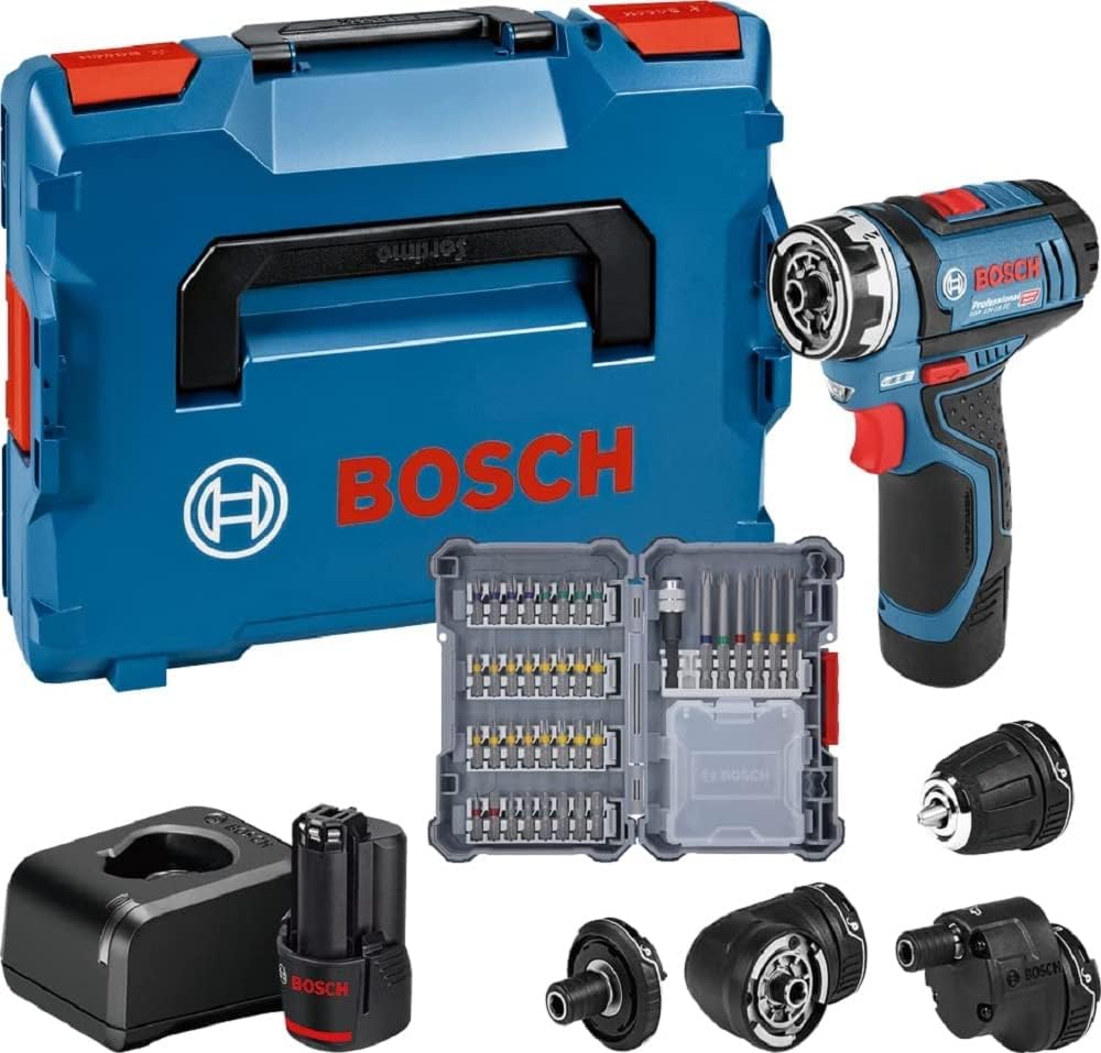 Taladro atornillador a batería Bosch Professional 12V System GSR 12V-15 FC - Sistema FlexiClick (incl. 2 baterías GBA 12V de 2.0 Ah, cargador, 4 accesorios, set de 40 accesorios) - Alimentado por batería
