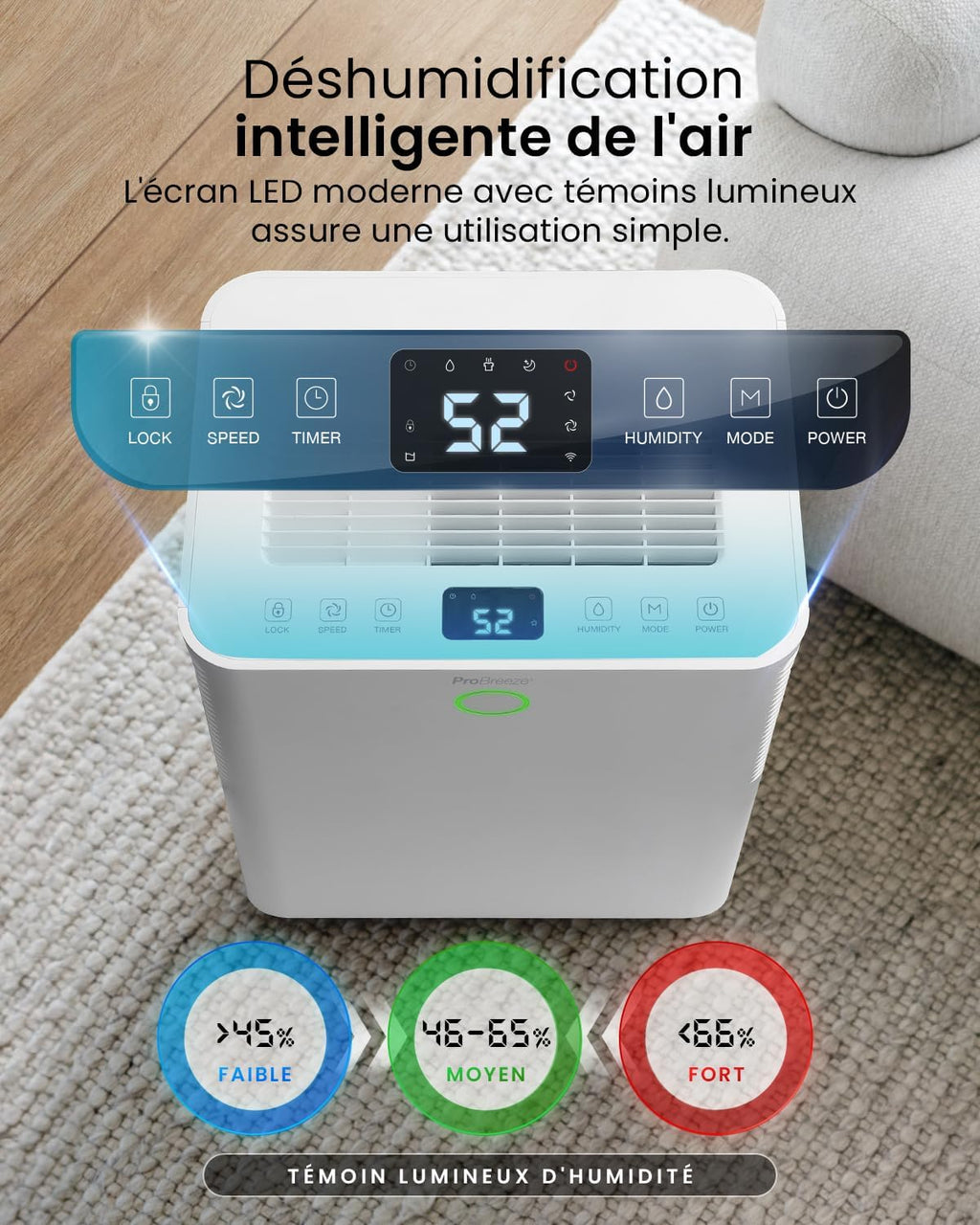 Deshumidificador de compresor inteligente Pro Breeze OmniDry 20L/día con depósito de agua de 4L, secado de ropa y sensor de humedad automático - Absorbedor de humedad, contra moho y condensación