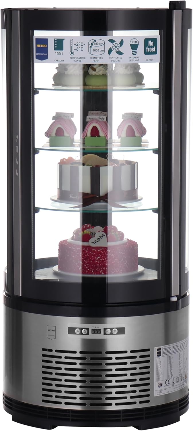 Vitrina refrigerada METRO Professional GRV1100, para hostelería, acero inoxidable/vidrio, 100 L, refrigeración por aire forzado, 490 W, indicador de temperatura,  descongelación automática, redonda, plateada, clase climática 6
