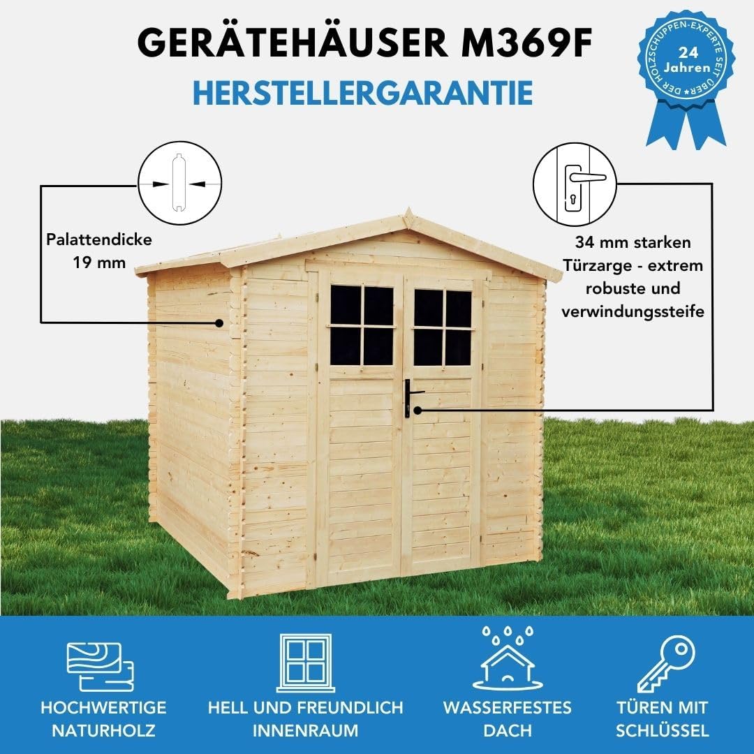 Caseta de jardín de madera - Cobertizo para herramientas de madera - Caseta para equipos, puerta de alta calidad con cerradura, 236x226x218 cm / 4,33 m², cobertizo para bicicletas - Casetas de jardín y almacenamiento, tejado impermeable TIMBELA M369F