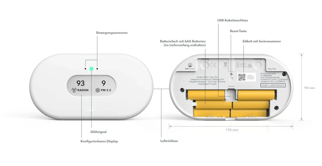 Airthings View Plus 2960 monitor inteligente de calidad del aire, radón, partículas finas, CO2, COV, humedad y temperatura