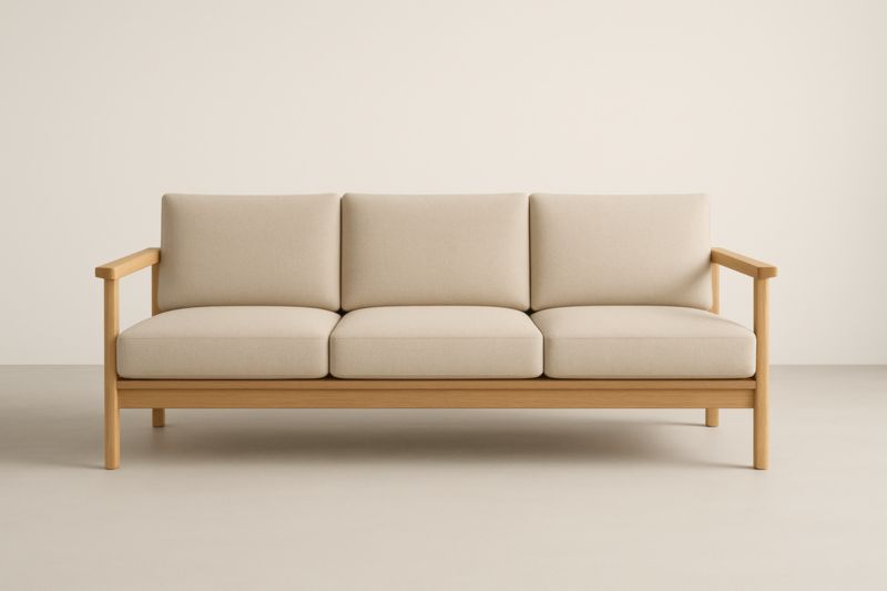 Sofá de 3 plazas beige de madera con acolchado de espuma de poliéster