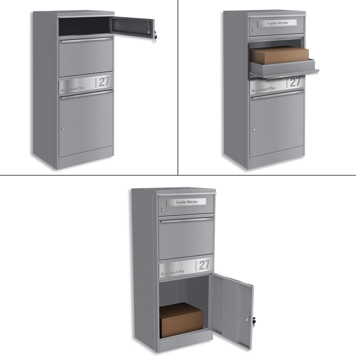 Buzón y casillero para paquetes Metzler, acero inoxidable y sólido, casillero para paquetes exterior grande XXL, buzón de pie moderno, caja para paquetes, buzón de correos en RAL 9007 aluminio gris con grabado de nombre, modelo Bispo 2