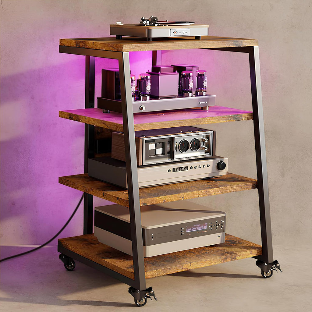 Rack HiFi de madera de 4 niveles con regletas y estante ajustable | Mesa para tocadiscos con ruedas y luces LED, estante para sistema estéreo, soporte multimedia para audio, equipos de sonido, TV, 60x52x78 cm