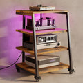Rack HiFi de madera de 4 niveles con regletas y estante ajustable | Mesa para tocadiscos con ruedas y luces LED, estante para sistema estéreo, soporte multimedia para audio, equipos de sonido, TV, 60x52x78 cm