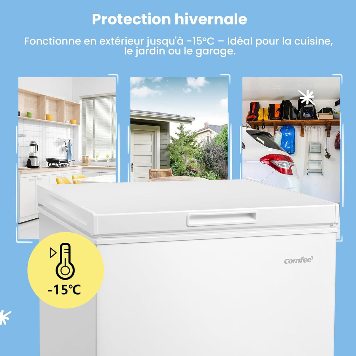 COMFEE' RCC146WH2EU(E) Congelador arcón independiente 143L convertible en congelador/refrigerador, compresor inverter, 4 estrellas, apto para dependencias, garajes y cobertizos, blanco [Clase energética E]