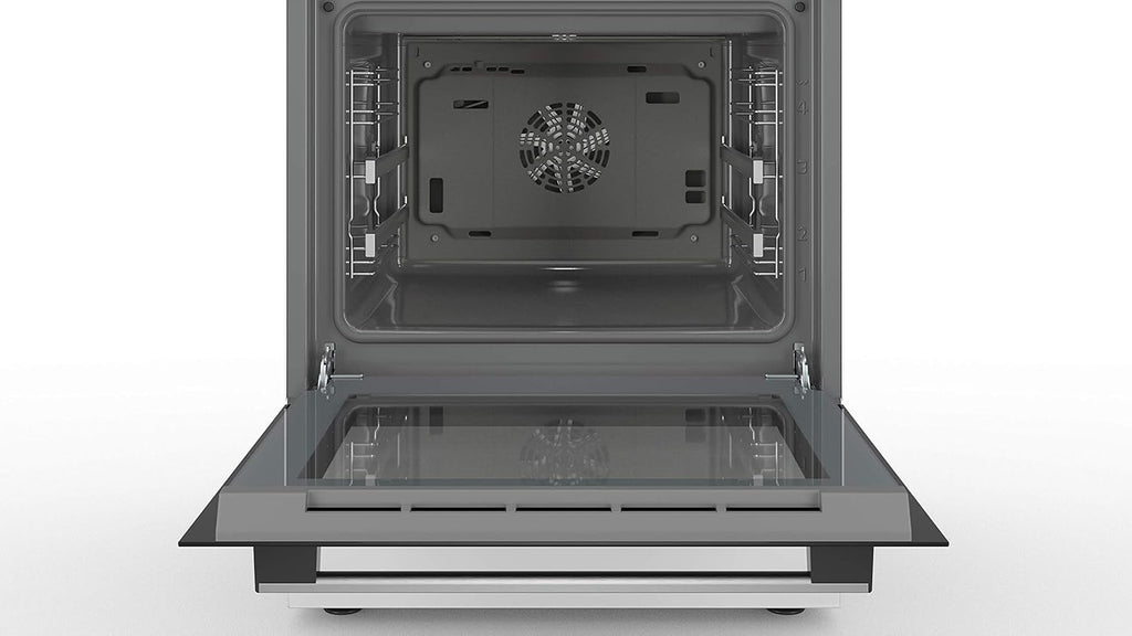 Cocina eléctrica de libre instalación Bosch Serie 4 HKR39C250, 60 cm de ancho, asistente de limpieza EcoClean Direct, aire caliente 3D para hornear en 3 niveles, control por pantalla LED, zona de cocción ampliable para recipientes grandes