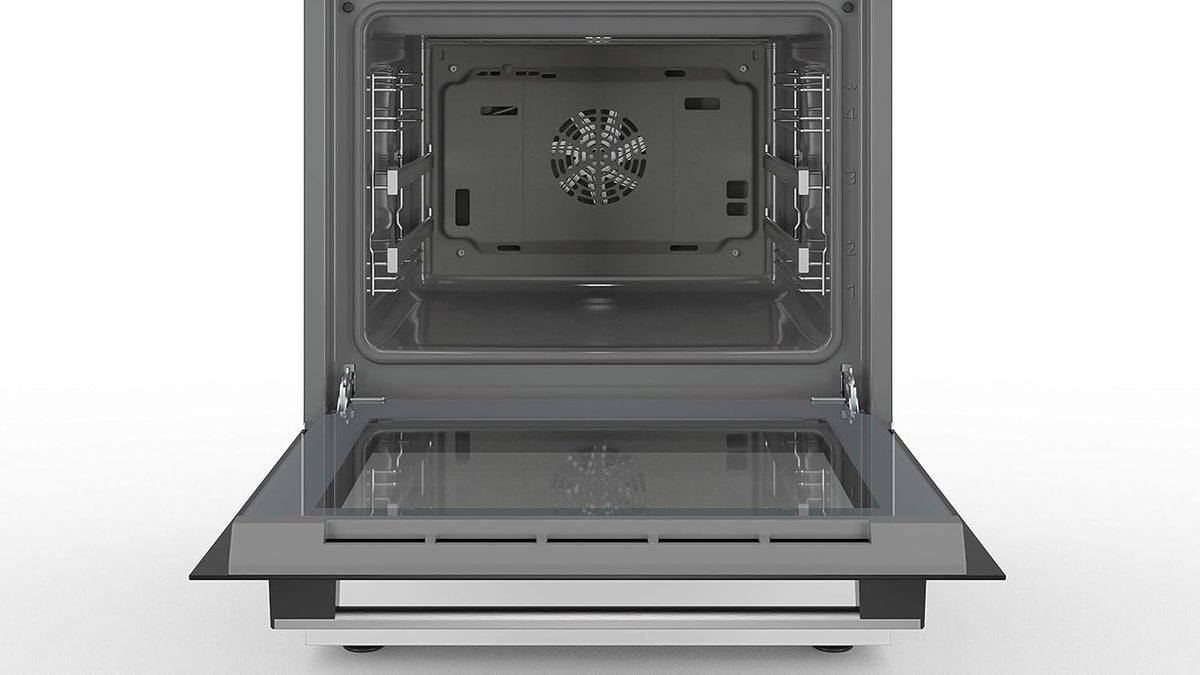 Cocina eléctrica de libre instalación Bosch Serie 4 HKR39C250, 60 cm de ancho, asistente de limpieza EcoClean Direct, aire caliente 3D para hornear en 3 niveles, control por pantalla LED, zona de cocción ampliable para recipientes grandes