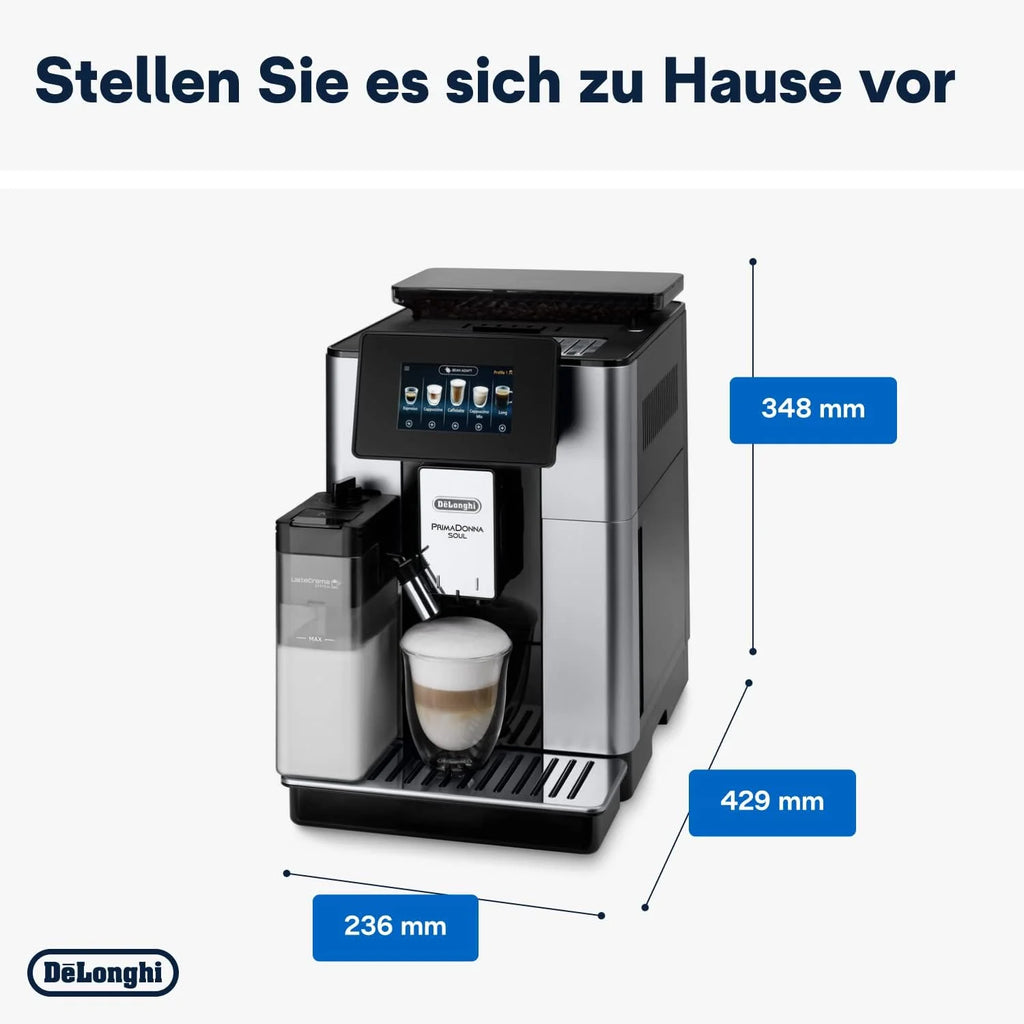 De'Longhi ECAM612.55.SB PrimaDonna Soul Automatyczny Ekspres do Kawy Ziarnistej, 1450 W, 2 Filiżanki, System LatteCrema, Technologia Bean Adapt, Stal i Plastik, Srebrny, Czarny